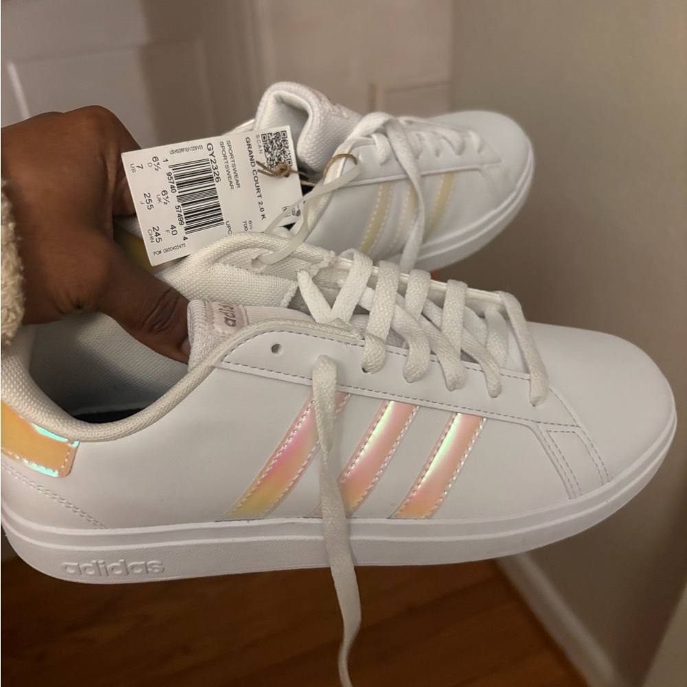 adidas White Sneakers with Iridescent Pink and Pale Yellow Accents